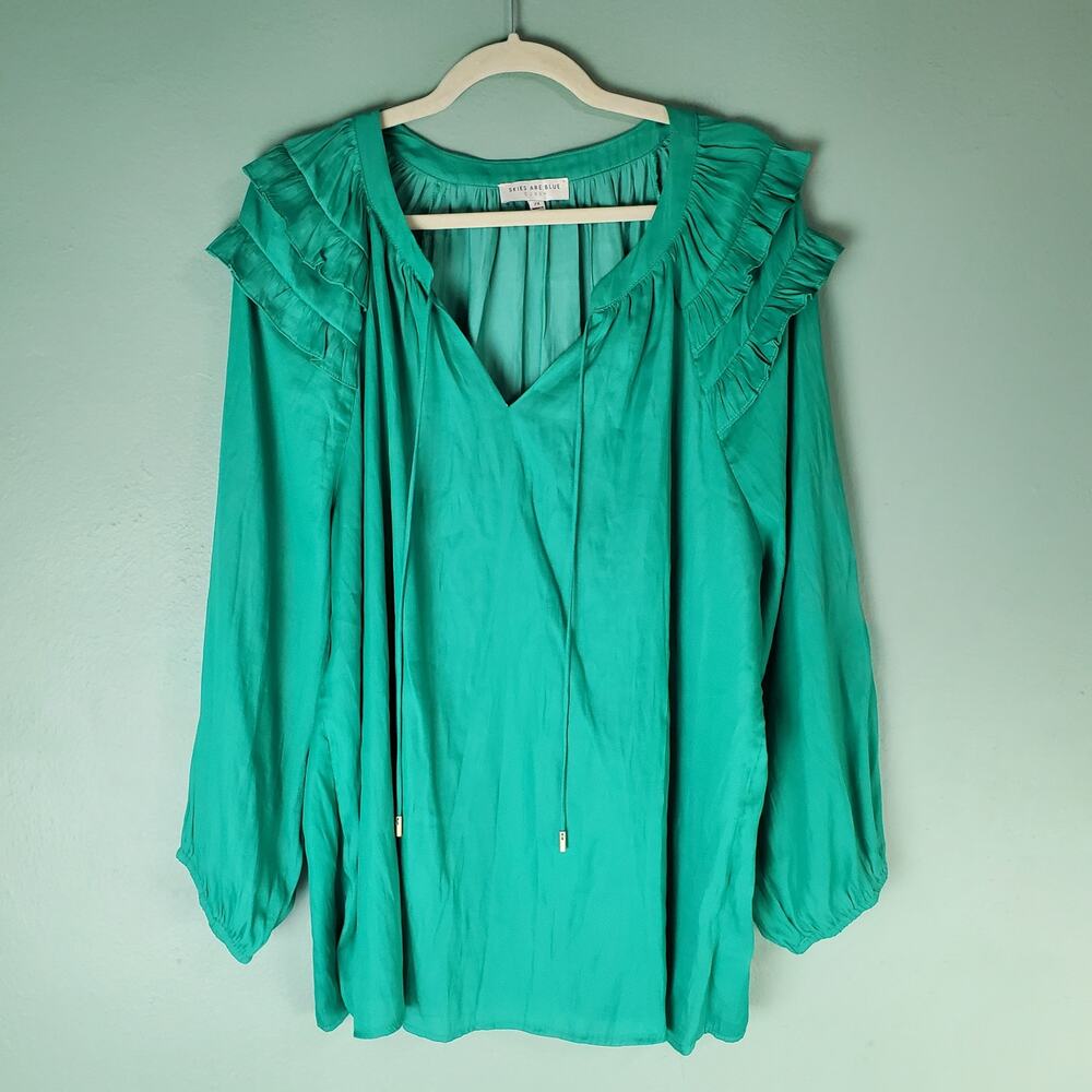 Skies are Blue Womens Green Ruffle Shoulder Tie Neck Blouse Top Size 2X